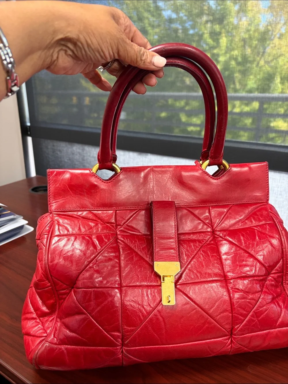 Marc Jacobs Quilted Red Leather Satchel with Gold Accents